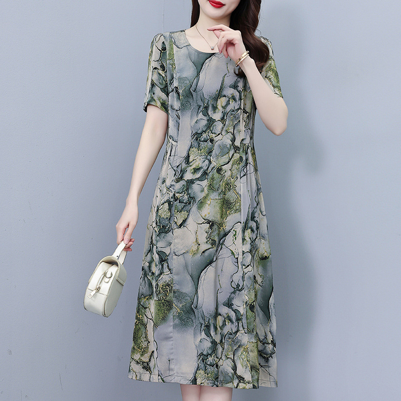 真丝桑蚕丝连衣裙女夏季新款高端香云纱显瘦大码宽松妈妈印花裙子|undefined