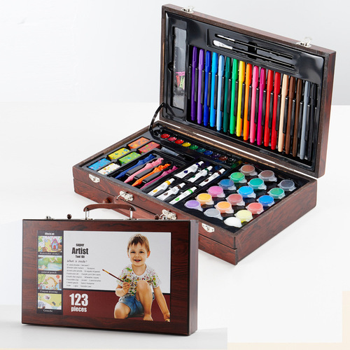 130-Piece Three-Layer Wooden Box Brush Set: Art Supplies, Drawing Tools, Crayons, Watercolor Pens, and Painting Tools with Logo