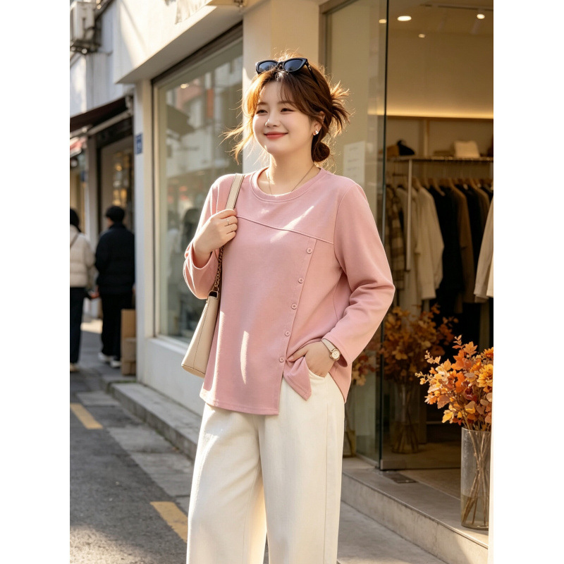 여성 빅사이즈 루즈핏 버튼 슬릿 긴팔 티셔츠 L-4XL 가을 겨울 데일리 상의