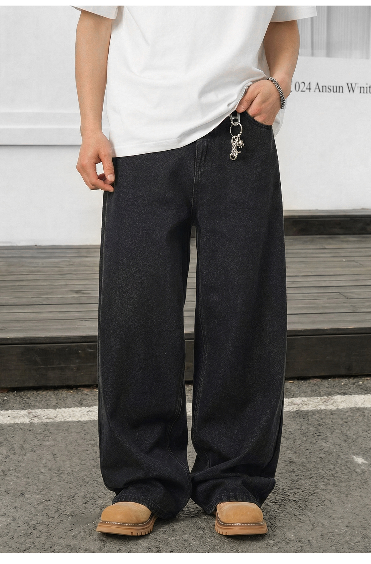 Vintage Washed Black Denim Jeans For Men - Relaxed Fit Straight Leg Casual Trousers With High Street Style_mkmklike.com