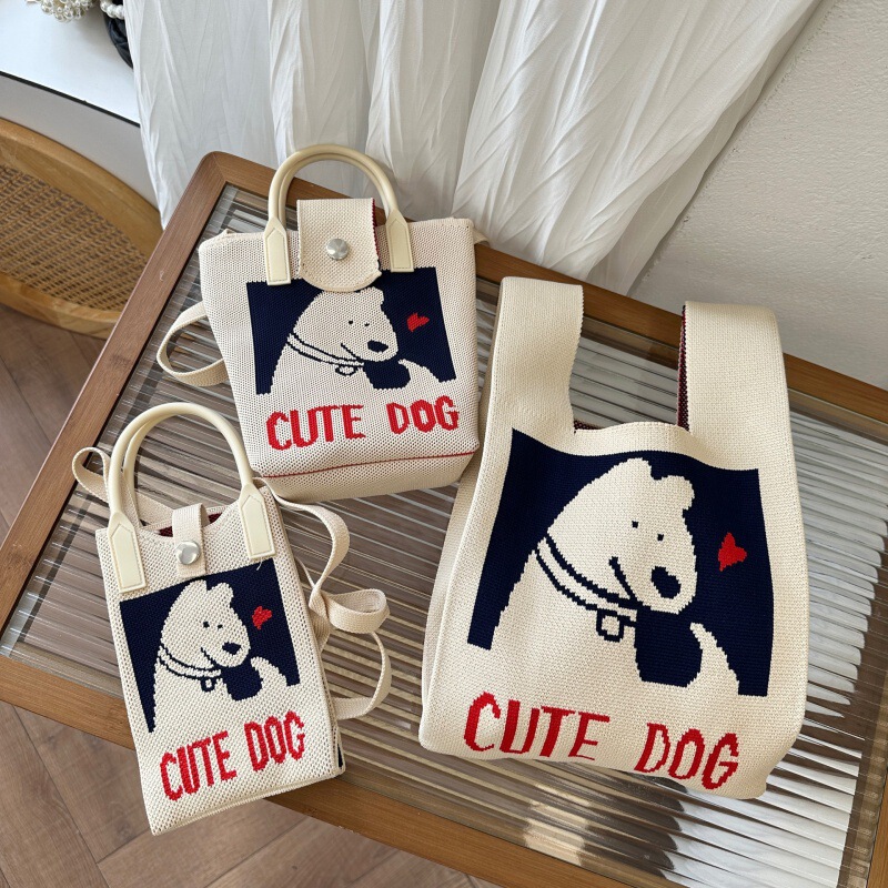 Love Dog Cute Knitted Hand Bag Silicone Handbag Crossbody Bag New Knitted All-match Student Bag