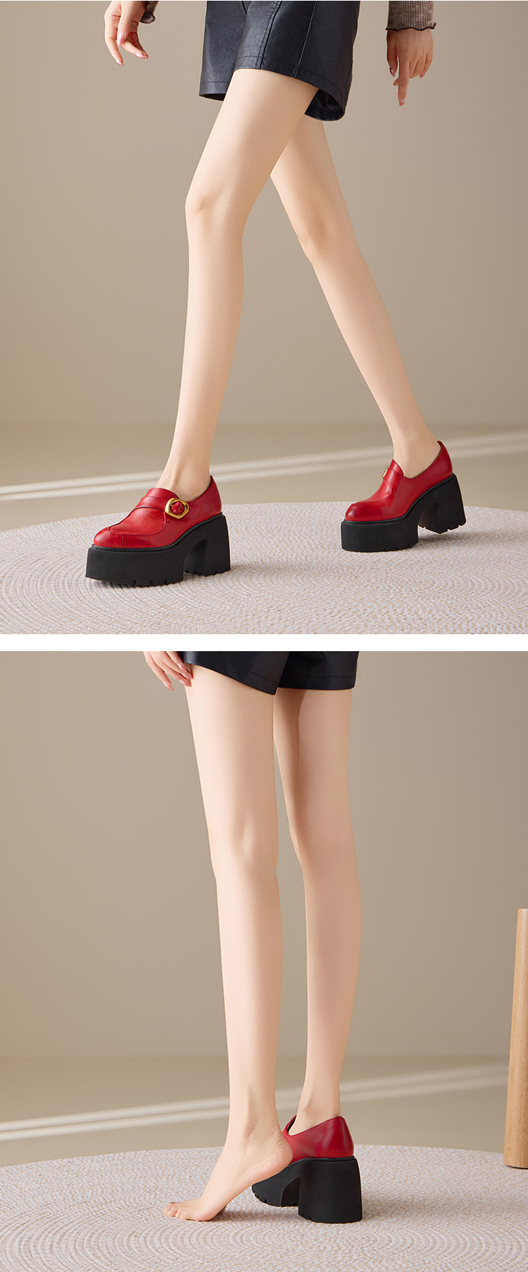 Giày loafer nữ da bò cao cấp gót vuông 10 cm, mũi nhọn khóa dây, đế dày — màu đen, màu đỏ chi tiết 8