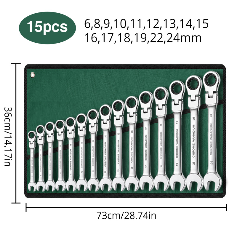 Ratchet wrench set with swivel head, 72-tooth quick dual-use open-end wrench, 6-15pcs cloth bag set, complete tool set