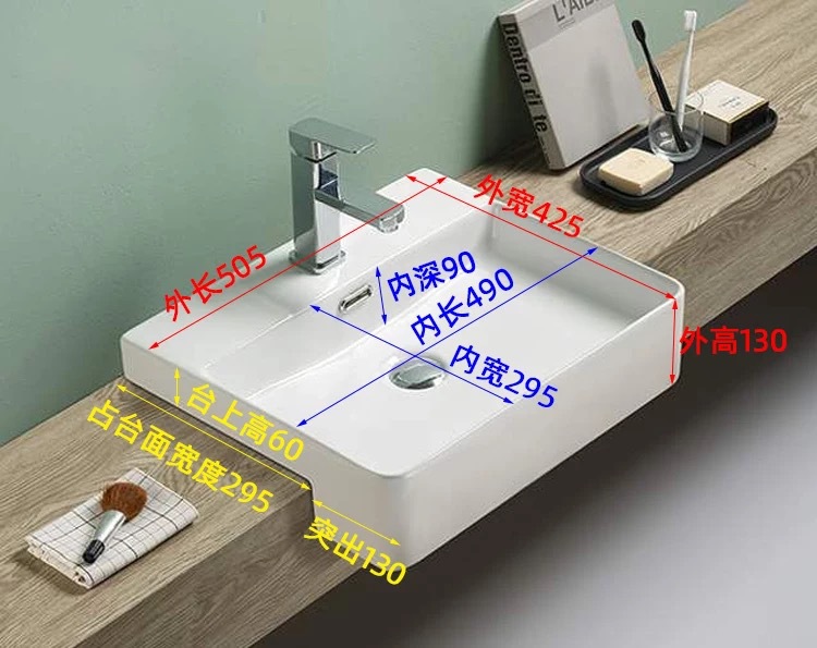 Semi-incrustado lavabo de cerámica con incrustaciones de lavabo incrustado cuenca media colgante Cuenca del baño borde Delgado