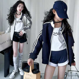 女童春秋外套2025新款拉条针织开衫中大童时髦夹克衫儿童外穿上衣