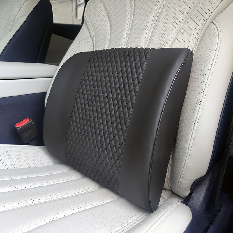 Car lumbar support cushion, designed to provide support for the lower back while driving, made with memory foam for comfortable, breathable support, reducing fatigue during long drives