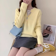 秋冬季新款韩系针织打底衫女设计感长袖v领彩色纽扣女装套头上衣