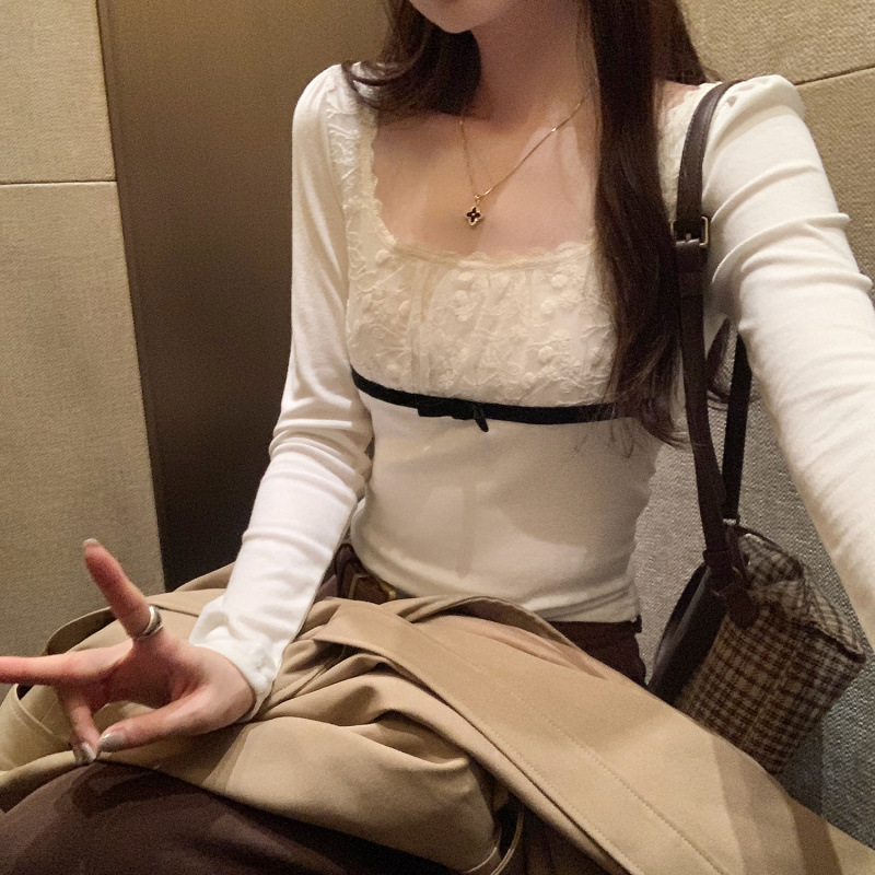 韩系chic别致蕾丝拼接方领纯欲长袖T恤女2025春秋季新款修身上衣|undefined