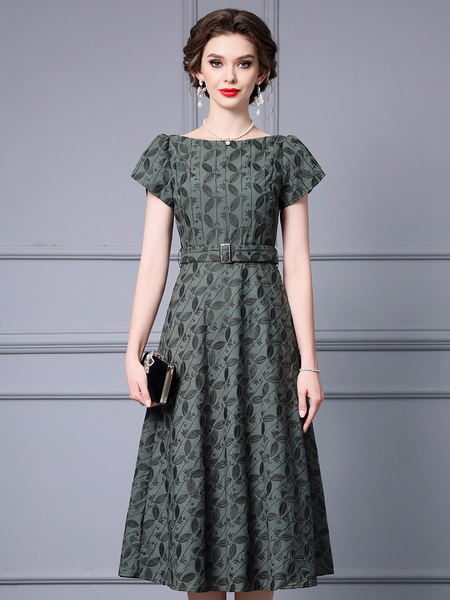 Zhili Summer One line Neck Dress, Light Mature Luxury and Elegant Charm Belt, Waistband, Leaf Embroidery, A-line Large S