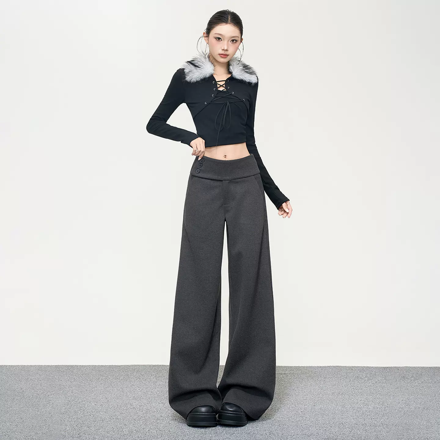 美式休闲垂感百搭显瘦西裤拖地宽松秋冬新款侧腰纽扣显腰线通勤