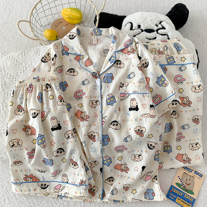 Cloud Cotton Three-Piece Set Summer New Pajamas for Women Short-Sleeved Long Pants Shorts Lapel Cartoon Sweet Home Wear Set Cloud Cotton Three-Piece Set Summer New Pajamas for Women Short-Sleeved Long Pants Shorts Lapel Cartoon Sweet Home Wear Set