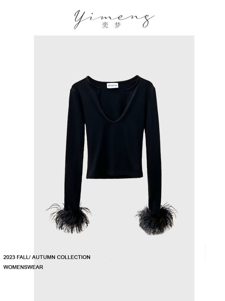 Nuevo Top de Punto con Plumas de Avestruz, Diseño Francés Retro y Versátil, Cuello en V Profundo, Sexy y Ajustado, Otoño 24 image 6
