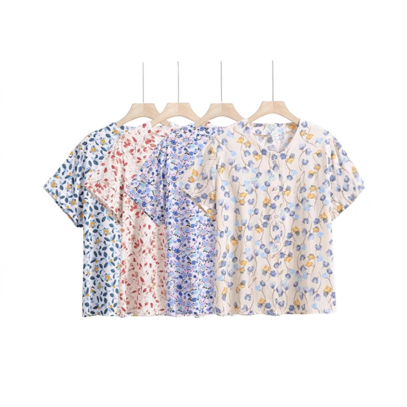 Cotton Silk Middle-aged and Elderly Short-sleeved T-shirt Women's 2025 New Arrival Mother's Cardigan Artificial Cotton Thin Flower Old Lady's Top Half-sleeved