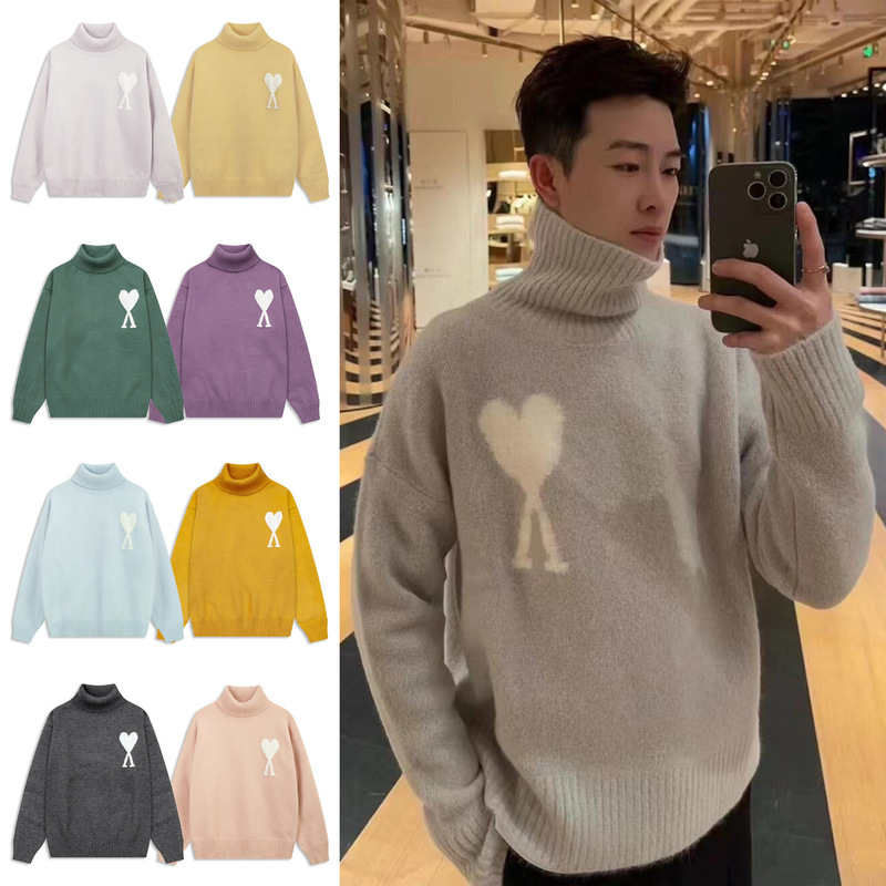 Ami Aheoine Sweater 2025 Autumn and Winter New High-Neck Heart-Shaped Unisex Casual Pullover Cross-Border Knitwear