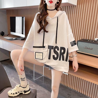 连帽白色短袖t恤女2023新款大码女装韩版宽松夏季洋气半袖上衣女
