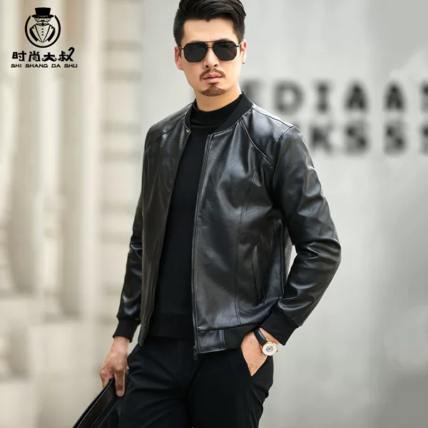 Baseball Collar Leather Jacket for Men, Autumn and Winter Stand Collar Coat, Korean Style Slim Fit Casual Middle-Aged Flight Jacket, Pu Motorcycle Jacket