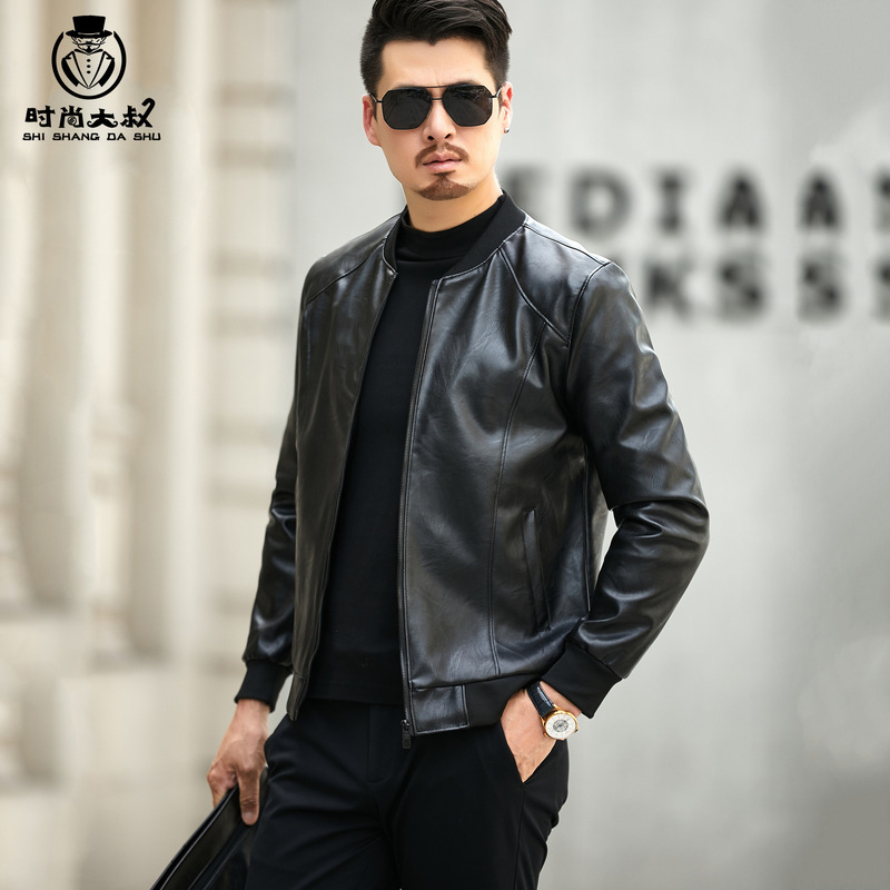 Baseball Collar Leather Jacket for Men, Autumn and Winter Stand Collar Coat, Korean Style Slim Fit Casual Middle-Aged Flight Jacket, Pu Motorcycle Jacket