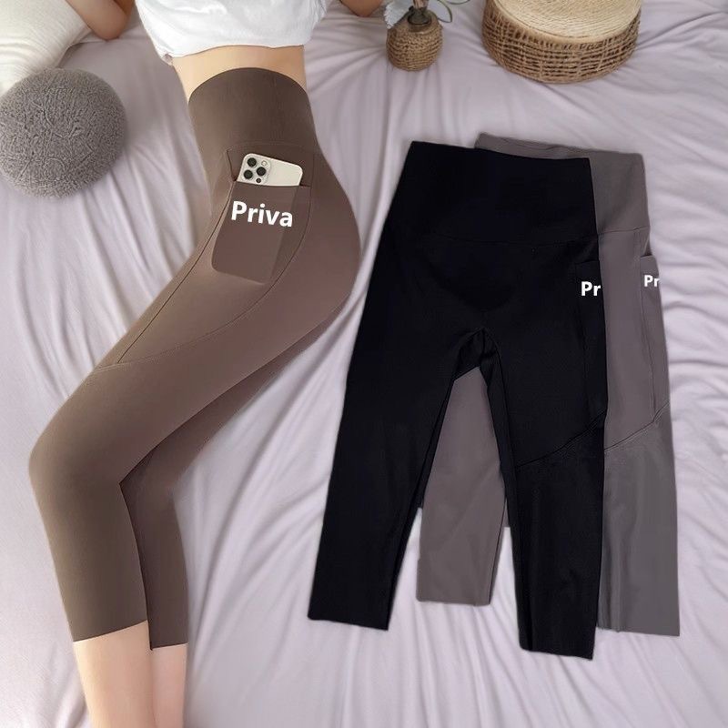 七分裤女夏薄款修身瑜伽裤口袋芭比裤外穿蜜桃臀健身裤胖mm打底裤