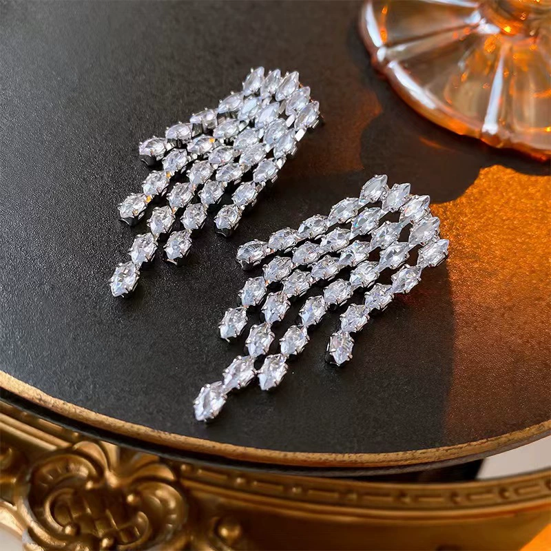 Серебряная игла, длинный дизайн цирконий с кисточками, модные элегантные серьги, высококачественный стиль, европейский стиль