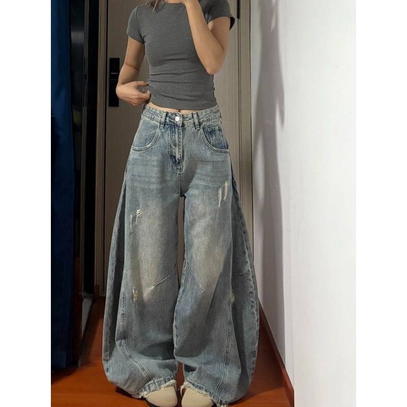 American retro ripped wide-leg curved design jeans for women, new summer style, loose and slimming, floor-length wide-leg pants American retro ripped wide-leg curved design jeans for women, new summer style, loose and slimming, floor-length wide-leg pants