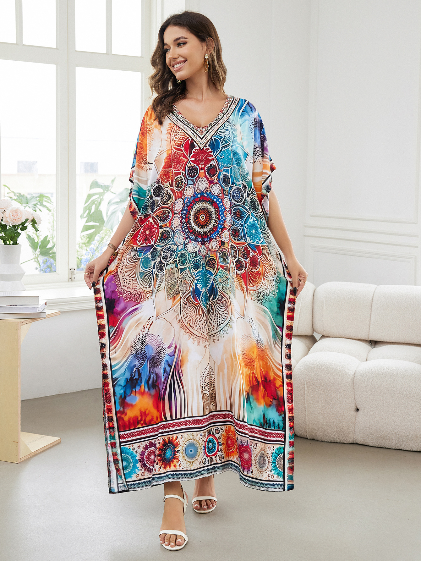 Rochie de plajă lungă kimono dama boho viscoză tie-dye_voghion.com
