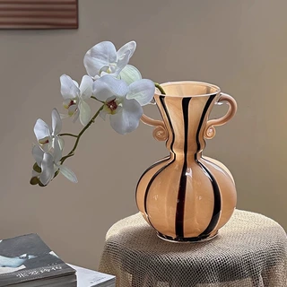 中古法式玻璃花瓶家居客厅复古插花水培条纹装饰摆件轻奢高级感