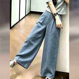 H26081巨好看的蓝色碎花亚麻直筒裤子女2026新款夏季薄款休闲阔腿
