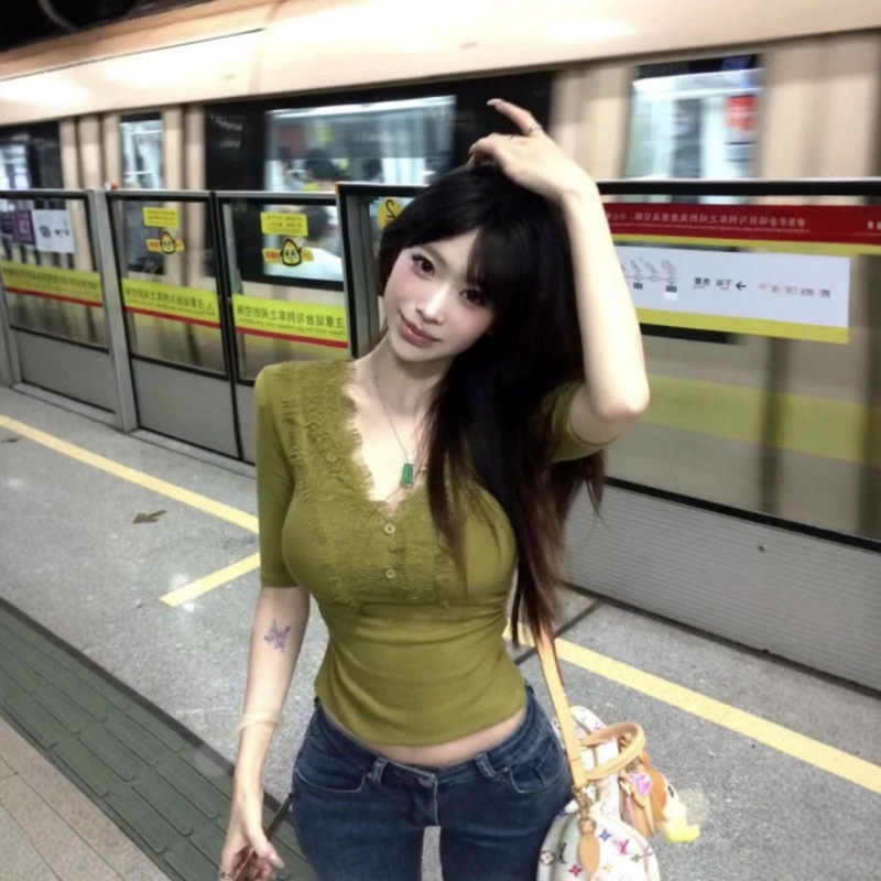 Mustard Green V-Neck Lace Right Shoulder Short-Sleeved T-Shirt for Women Summer Slim Design Pleated Waist Mid-Sleeve Top Mustard Green V-Neck Lace Right Shoulder Short-Sleeved T-Shirt for Women Summer Slim Design Pleated Waist Mid-Sleeve Top