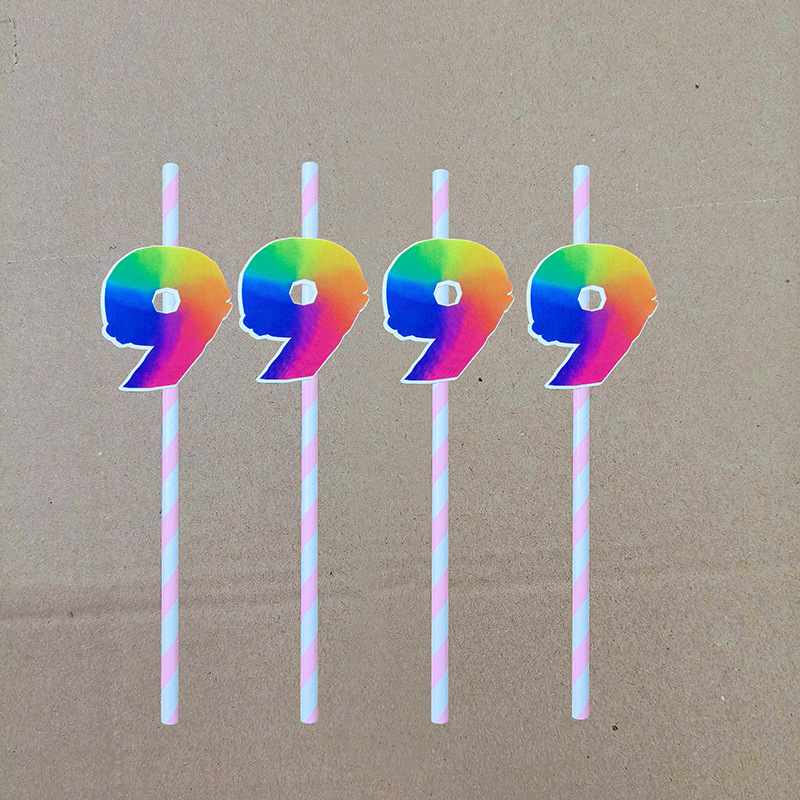 Decoración de fiesta digital colorida paja tarjeta de pastel de cumpleaños desechable paja de papel degradable 0 - 9 años