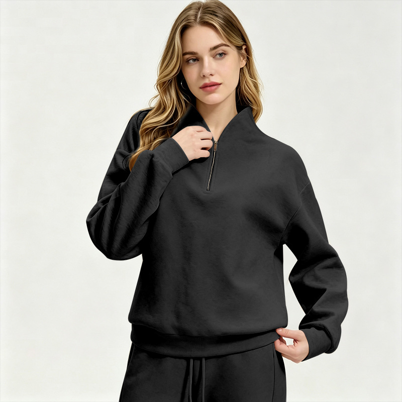 Women's Clothing Women's Fashionable Long Sleeved Sweatshirt Casual Trousers Set Style Autumn Half Open Collar Solid Color Loose Fit_ecoleips.com