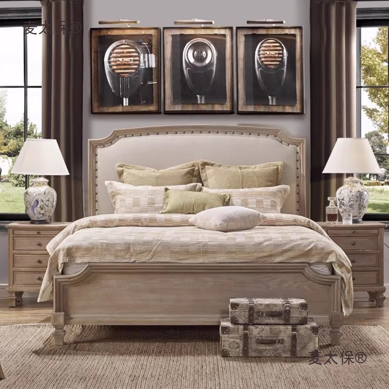 法式复古实木床美式乡村白蜡木做旧主卧双人床别墅酒店民宿麦太保