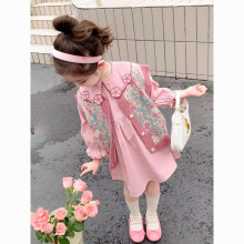 女童春秋款2025韓版純棉花邊領連衣裙碎花復古針織衫馬甲背心套裝