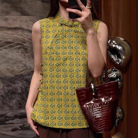 新中式国风黄色印花立领盘扣无袖女2026夏季新款气质减龄通勤上衣