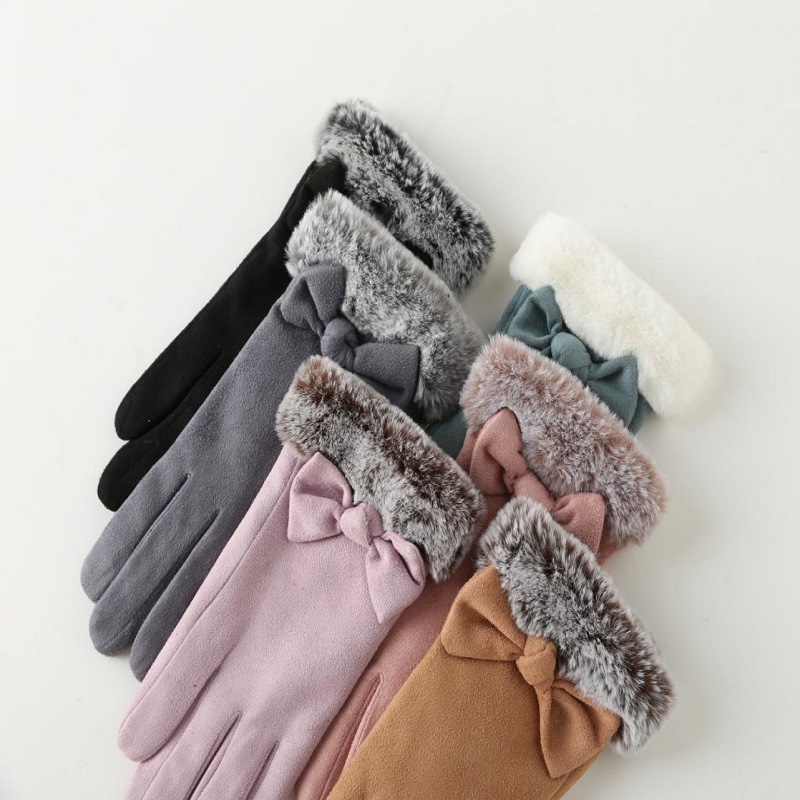 秋冬韩版麂皮绒手套女加绒分指触屏服饰手套可爱纯色手套加工定制