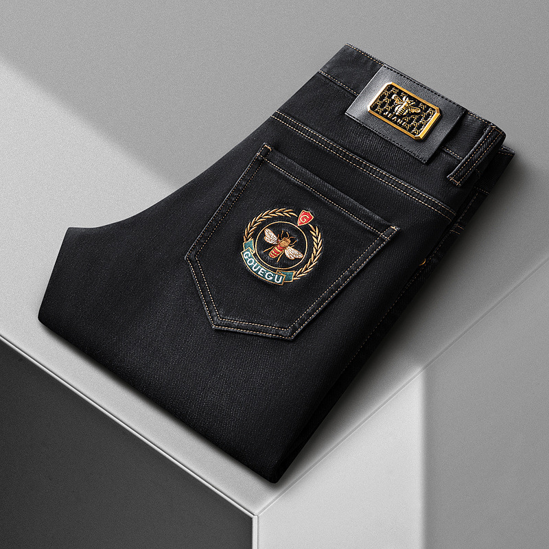 High-end Jeans Winter fleece-lined Thickened Men's Pants Light Luxury Business Denim Fashion Embroidered Stretch Slim-fit Straight Pants