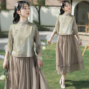 Chinese ancient outfit chinese dress for women girls oriental green coffee qipao tops and skirts for lady chinese blouses skirts female hanfu chinese clothes for female