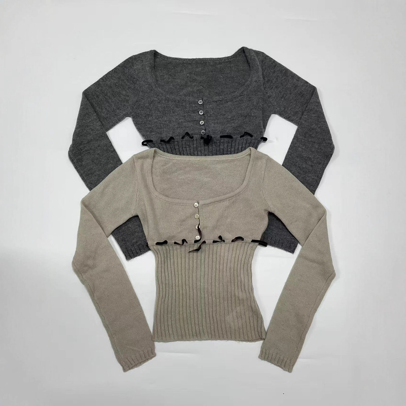 New Autumn Collection 3S Velvet Lace-Up U-Neck Half-Button Slim-Fit Knit Top for Women