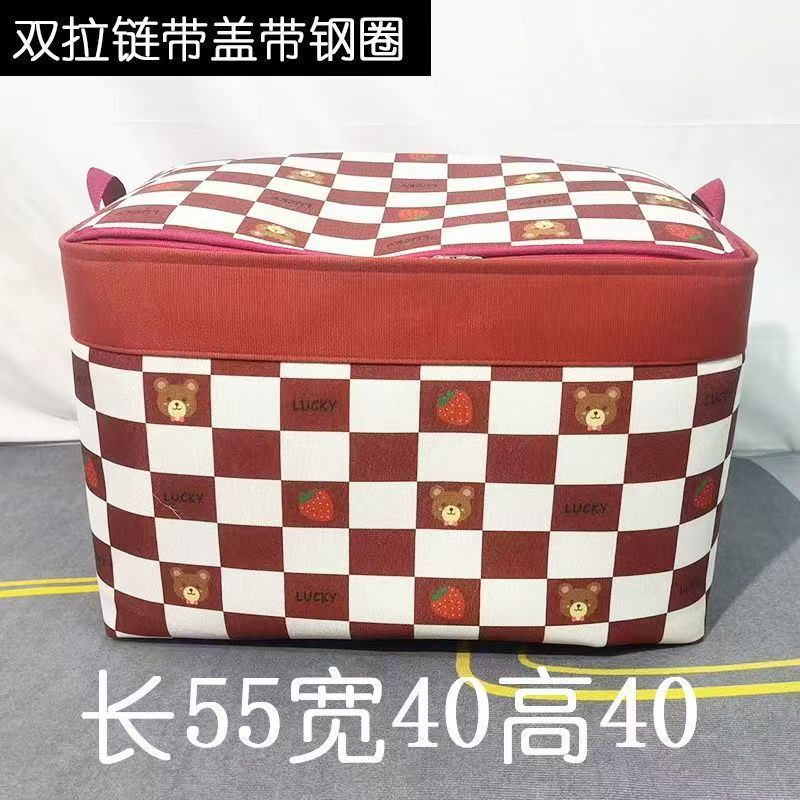 ダブルジッパー、スチールリム付き、3層の厚みのあるキャンバス収納バッグ、蓋付き、衣類やキルト用の折りたたみ式収納ボックス|undefined