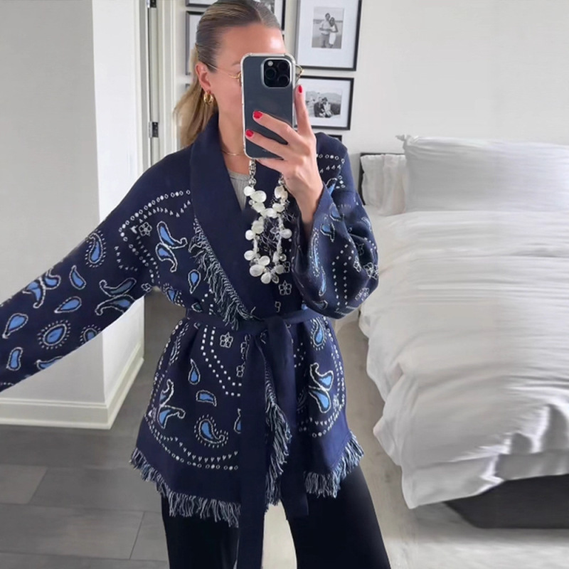 European and American Cross-Border Women's Clothing Aliexpress Autumn and Winter Loose Lace-Up Sweater Cardigan Oversized Tassel Shawl Cardigan Jacket