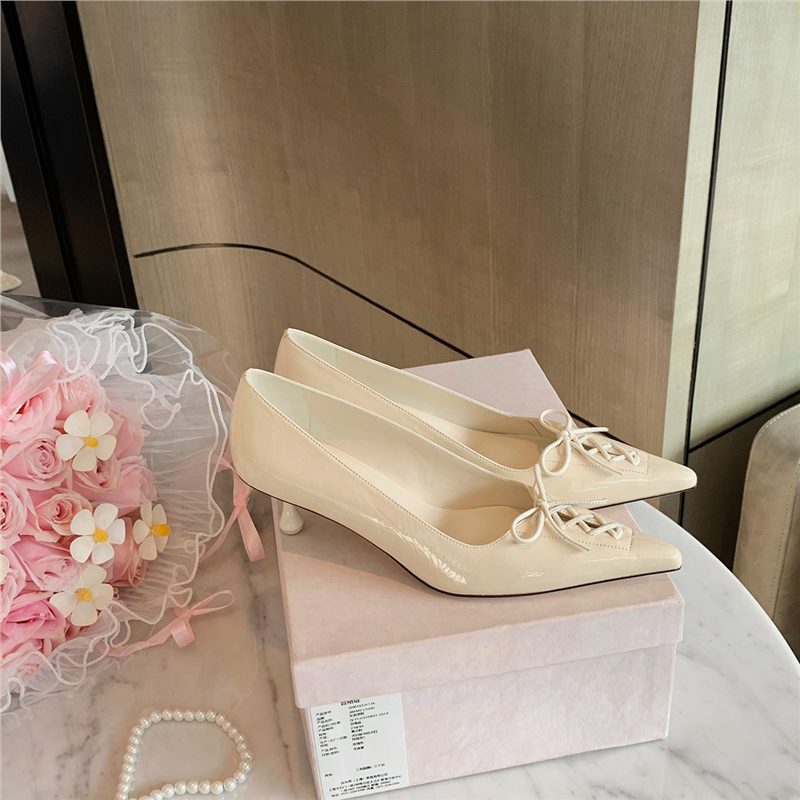 Sheepskin Grape-Colored Pointed-Toe Single Shoes with Bow Tie, Leopard Print, Versatile Shallow High Heels for Women