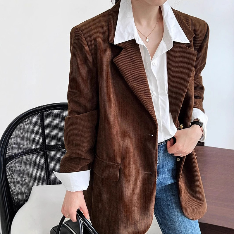 Retro Elegant Corduroy Suit Jacket for Women 2025 European Loose Casual Long-Sleeved Small Suit