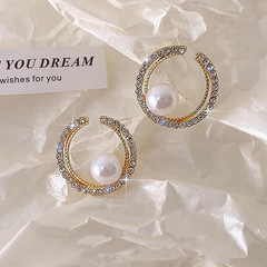 簡約百搭通勤圓形鑲鑽耳環法式簡約珍珠耳飾925銀針耳飾