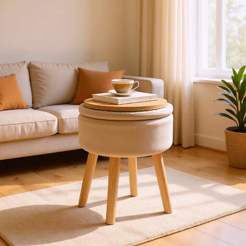 轻奢梳妆凳卧室化妆凳简约布艺圆形坐墩家用板凳茶几桌收纳储物凳