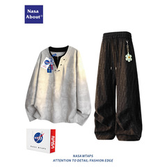 NASA ABOUT美式假两件半拉链卫衣男款春秋季新款宽松休闲运动套装