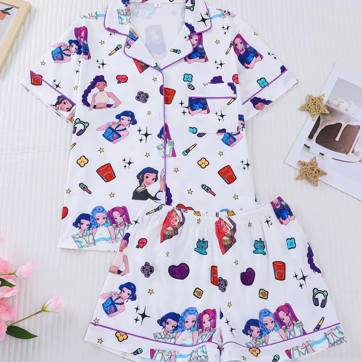 跨境时尚休闲女士睡衣印花翻领短袖短裤欧美儿童家居服套装批发