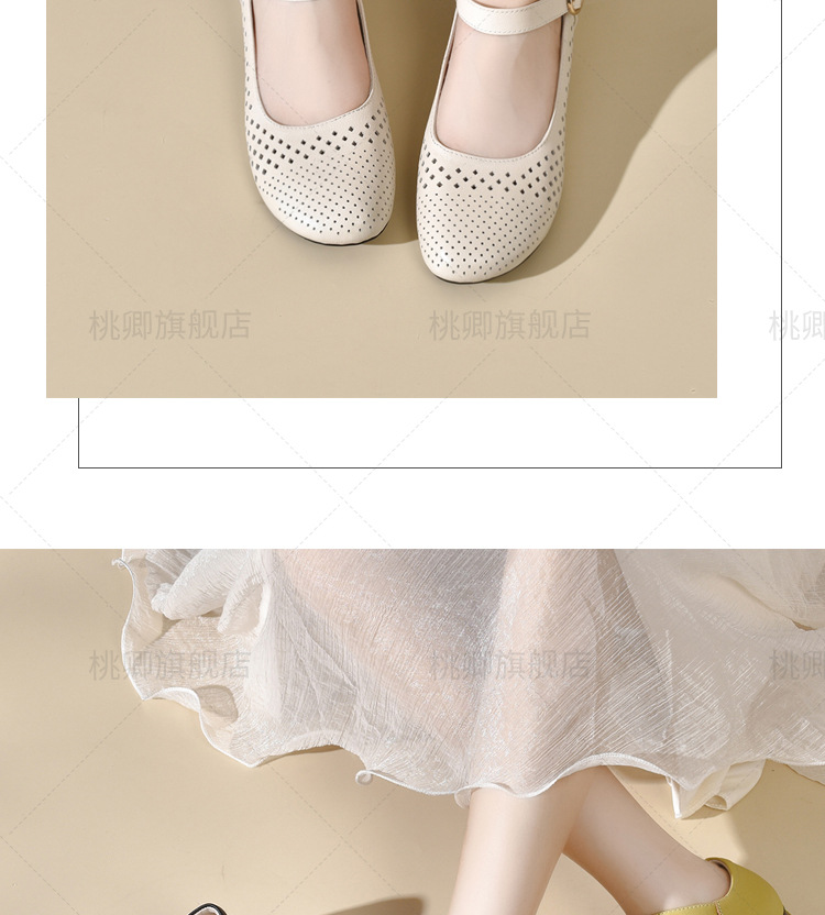 Giày sandal nữ đế xuồng mùa hè da thật thoáng khí mũi tròn bít mũi khoét lỗ — Màu đen chi tiết 16
