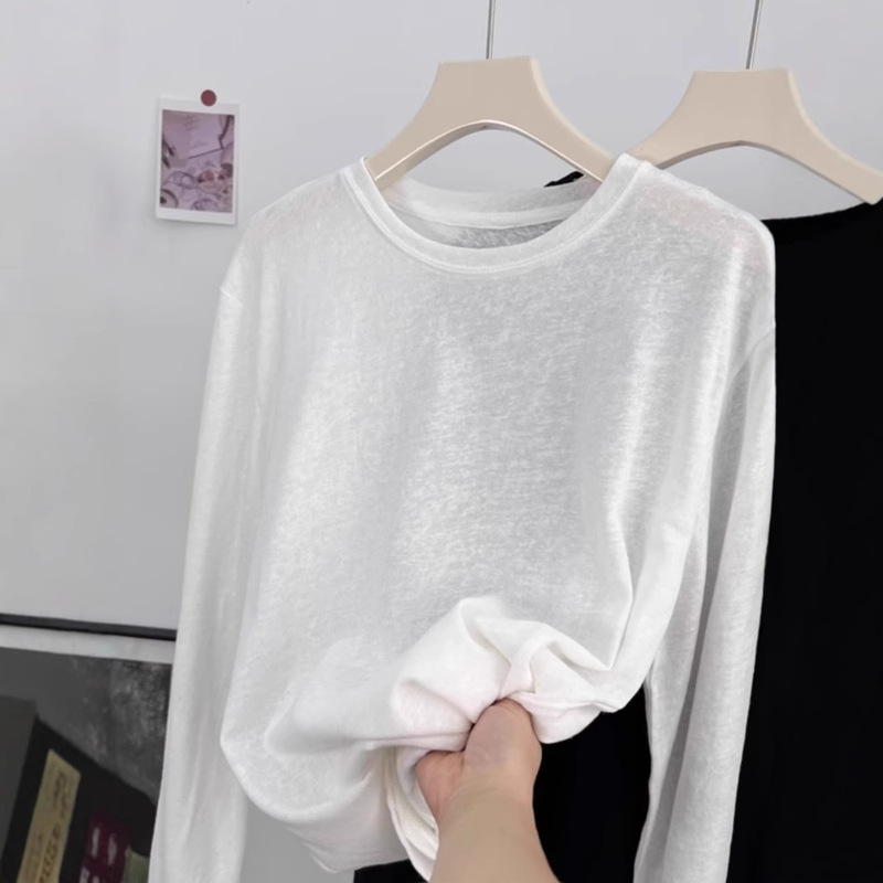 Snowflake Cotton White Long-Sleeved T-Shirt Women's Thin Autumn and Summer Simple Pure Color Loose Round Neck Sun Protection Blouse Top Ins Snowflake Cotton White Long-Sleeved T-Shirt Women's Thin Autumn and Summer Simple Pure Color Loose Round Neck Sun Protection Blouse Top Ins
