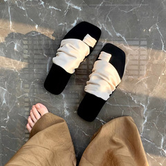 牛皮版~設計感方頭褶皺堆堆平底夾趾拖鞋女外穿夏季真皮涼拖半拖