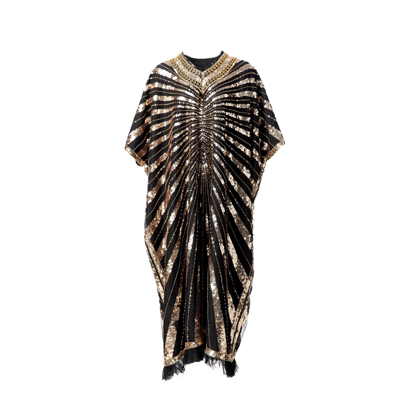 Amazon High-End Black Gold Sequin Banquet Dress V Neck Bat Sleeves Waist Heavy Beading Large Dress