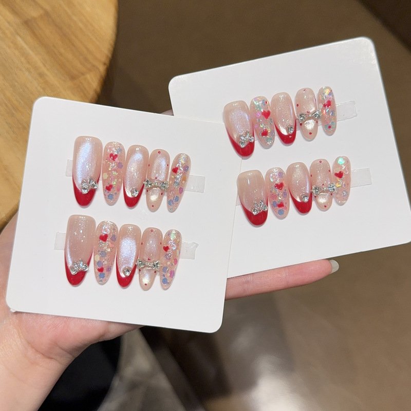 Qianfan【Berry Jam】Sweet Girl French Cat Eye Long Handmade Wearable Nail Art Stickers Fake Nails Qianfan【Berry Jam】Sweet Girl French Cat Eye Long Handmade Wearable Nail Art Stickers Fake Nails